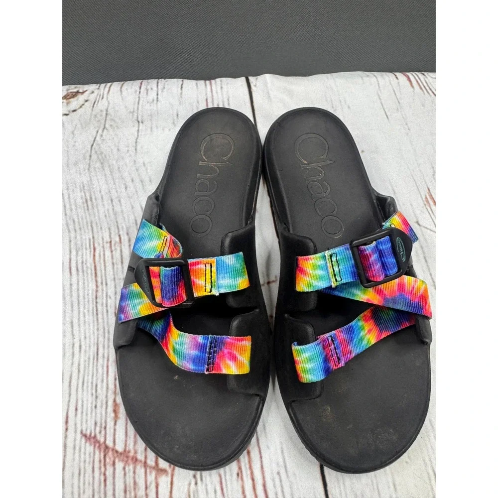 Chaco Chillos Slide Sandals Kids Black Rainbow Tie Dye Adjustable Straps Size 5‎